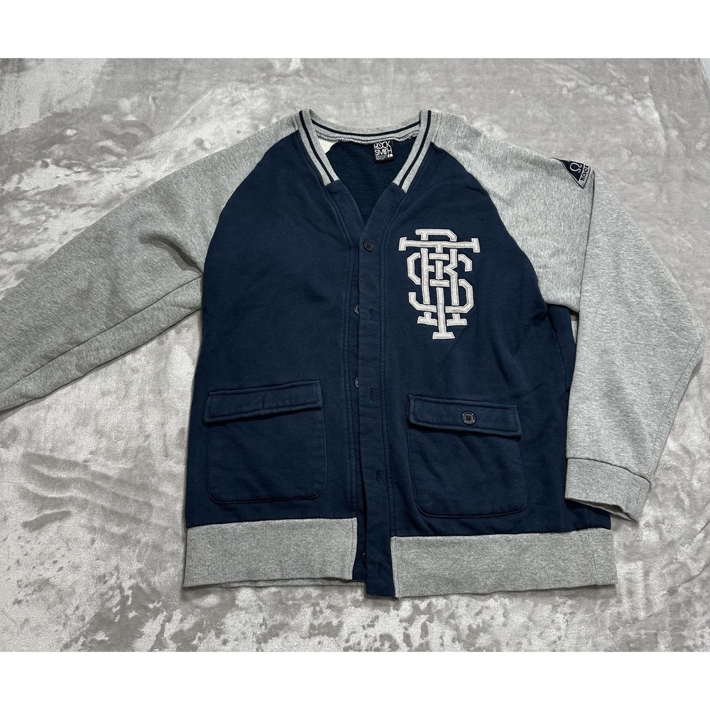 Rock Smith Jacket Men's Size‎ Large Blue Gray Lettermans Style Button Up EUC